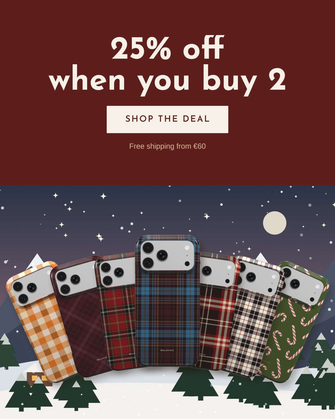 25% off when you buy 2 phone cases, winter cases in a snowy Alpine scene